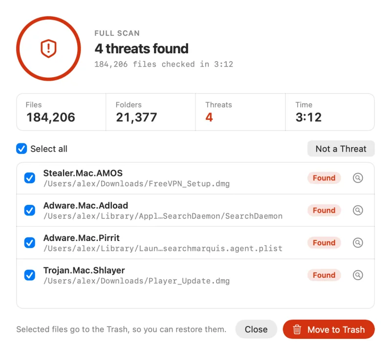 Finished scan listing detected threats ready to remove