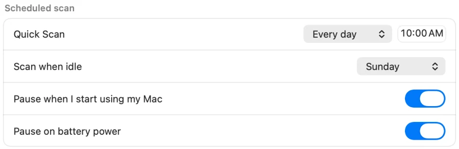 Scheduled scan settings: Quick Scan every day at 10:00 AM, scan when idle on Sunday, pause when using the Mac and on battery power