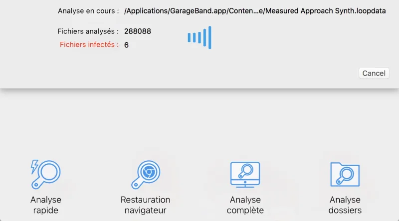Analyse en cours avec le nombre de fichiers analysés