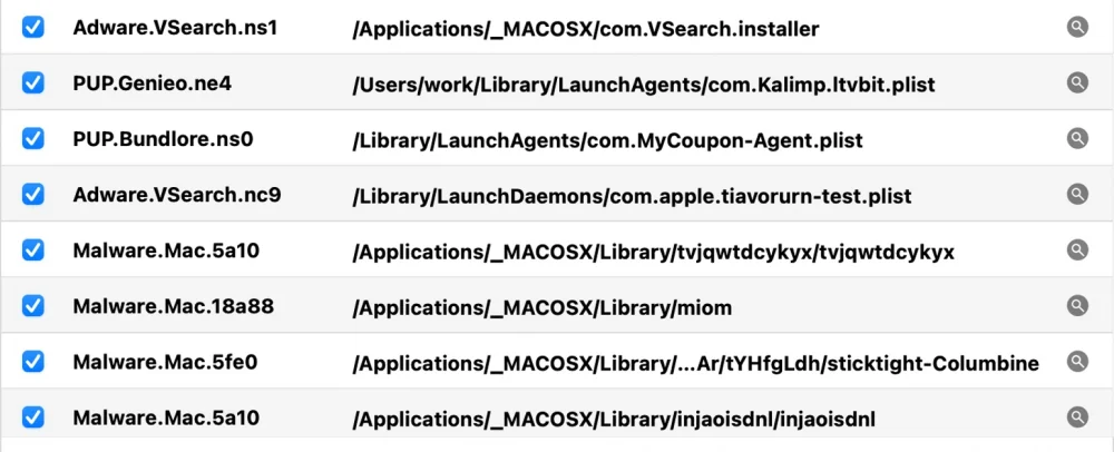 Résultats d'analyse : Adware.VSearch, PUP.Genieo, Malware.Mac avec leurs chemins
